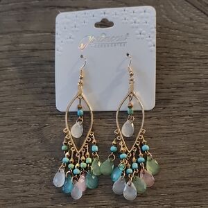 J044.Nwt Bohemian Gold Tone Earrings with Blue and Pink Accents